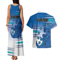 Personalised Cook Islands Va'a Race Couples Matching Tank Maxi Dress and Hawaiian Shirt Te Tatau Tattoos Sporty Style Light Blue Color - Polynesian Pride