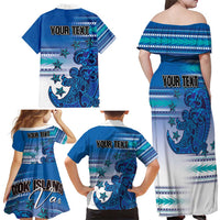 Personalised Cook Islands Va'a Race Family Matching Off Shoulder Maxi Dress and Hawaiian Shirt Te Tatau Tattoos Sporty Style Light Blue Color - Polynesian Pride