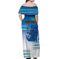 Personalised Cook Islands Va'a Race Off Shoulder Maxi Dress Te Tatau Tattoos Sporty Style Light Blue Color - Polynesian Pride