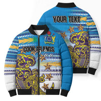 Personalised Cook Islands Va'a Race Bomber Puffer Jacket Te Tatau Tattoos Sporty Style Glory Blue Color - Polynesian Pride