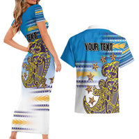 Personalised Cook Islands Va'a Race Couples Matching Short Sleeve Bodycon Dress and Hawaiian Shirt Te Tatau Tattoos Sporty Style Glory Blue Color - Polynesian Pride