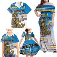 Personalised Cook Islands Va'a Race Family Matching Off Shoulder Maxi Dress and Hawaiian Shirt Te Tatau Tattoos Sporty Style Glory Blue Color - Polynesian Pride