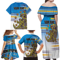 Personalised Cook Islands Va'a Race Family Matching Off Shoulder Maxi Dress and Hawaiian Shirt Te Tatau Tattoos Sporty Style Glory Blue Color - Polynesian Pride