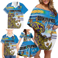 Personalised Cook Islands Va'a Race Family Matching Off Shoulder Short Dress and Hawaiian Shirt Te Tatau Tattoos Sporty Style Glory Blue Color - Polynesian Pride
