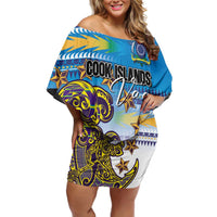 Personalised Cook Islands Va'a Race Family Matching Off Shoulder Short Dress and Hawaiian Shirt Te Tatau Tattoos Sporty Style Glory Blue Color - Polynesian Pride