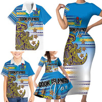 Personalised Cook Islands Va'a Race Family Matching Short Sleeve Bodycon Dress and Hawaiian Shirt Te Tatau Tattoos Sporty Style Glory Blue Color - Polynesian Pride
