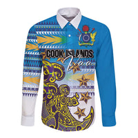 Personalised Cook Islands Va'a Race Long Sleeve Button Shirt Te Tatau Tattoos Sporty Style Glory Blue Color - Polynesian Pride