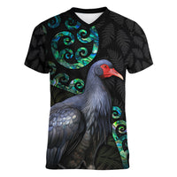 Custom Pukeko New Zealand Women V Neck T Shirt Koru Papua Shell with Silver Fern Pattern LT03 Female Black - Polynesian Pride