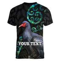 Custom Pukeko New Zealand Women V Neck T Shirt Koru Papua Shell with Silver Fern Pattern LT03 - Polynesian Pride