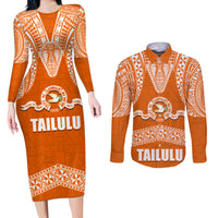 Tonga Tailulu College Couples Matching Long Sleeve Bodycon Dress and Long Sleeve Button Shirt Traditional Ngatu and Polynesian Pattern LT03 Orange - Polynesian Pride