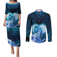 Dolphin Couple Love Story Valentine Day Couples Matching Puletasi and Long Sleeve Button Shirt With Polynesian Tribal Tattoo Blue Style LT03 Blue - Polynesian Pride