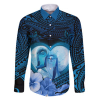 Dolphin Couple Love Story Valentine Day Family Matching Off Shoulder Short Dress and Hawaiian Shirt With Polynesian Tribal Tattoo Blue Style LT03 Dad's Shirt - Long Sleeve Blue - Polynesian Pride