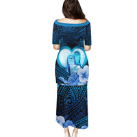 Dolphin Couple Love Story Valentine Day Puletasi With Polynesian Tribal Tattoo Blue Style LT03 - Polynesian Pride