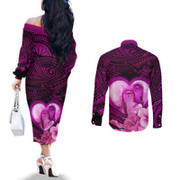 Dolphin Couple Love Story Valentine Day Couples Matching Off The Shoulder Long Sleeve Dress and Long Sleeve Button Shirt With Polynesian Tribal Tattoo Pink Style LT03 - Polynesian Pride