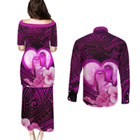 Dolphin Couple Love Story Valentine Day Couples Matching Puletasi and Long Sleeve Button Shirt With Polynesian Tribal Tattoo Pink Style LT03 - Polynesian Pride