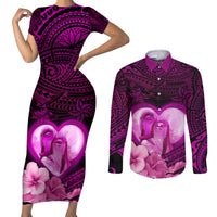Dolphin Couple Love Story Valentine Day Couples Matching Short Sleeve Bodycon Dress and Long Sleeve Button Shirt With Polynesian Tribal Tattoo Pink Style LT03 Pink - Polynesian Pride