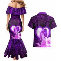 Dolphin Couple Love Story Valentine Day Couples Matching Mermaid Dress and Hawaiian Shirt With Polynesian Tribal Tattoo Purple Style LT03 - Polynesian Pride