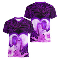 Dolphin Couple Love Story Valentine Day Women V Neck T Shirt With Polynesian Tribal Tattoo Purple Style LT03 - Polynesian Pride
