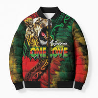 Aotearoa One Love Bomber Puffer Jacket Reggae Lion with Kakahu Huruhuru LT03 Unisex Black - Polynesian Pride