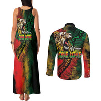 Aotearoa One Love Couples Matching Tank Maxi Dress and Long Sleeve Button Shirt Reggae Lion with Kakahu Huruhuru LT03 - Polynesian Pride