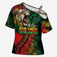 Aotearoa One Love Cross Shoulder Shirt Reggae Lion with Kakahu Huruhuru LT03 Female Black - Polynesian Pride