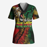 Aotearoa One Love Scrub Top Reggae Lion with Kakahu Huruhuru LT03 Adult Black - Polynesian Pride