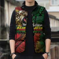 Aotearoa One Love Sleeveless Puffer Jacket Reggae Lion with Kakahu Huruhuru LT03 - Polynesian Pride