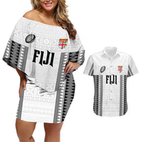 Fiji Rugby Warriors Couples Matching Off Shoulder Short Dress and Hawaiian Shirt Masi Tribal Pattern Go Champion 2024 LT03 White - Polynesian Pride