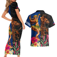 Hawaii and Samoa Together Couples Matching Short Sleeve Bodycon Dress and Hawaiian Shirt Samoan Warrior and Beauty Hula Girl