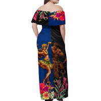 Hawaii and Samoa Together Off Shoulder Maxi Dress Samoan Warrior and Beauty Hula Girl