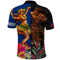 Hawaii and Samoa Together Polo Shirt Samoan Warrior and Beauty Hula Girl
