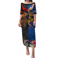 Hawaii and Samoa Together Puletasi Samoan Warrior and Beauty Hula Girl LT03 Long Dress Black - Polynesian Pride