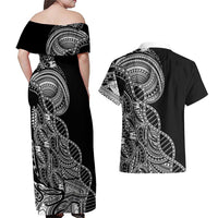 Samoan DNA Art Tattoo Couples Matching Off Shoulder Maxi Dress and Hawaiian Shirt Polynesian Pattern Black Color LT03 - Polynesian Pride