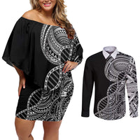 Samoan DNA Art Tattoo Couples Matching Off Shoulder Short Dress and Long Sleeve Button Shirt Polynesian Pattern Black Color LT03 Black - Polynesian Pride