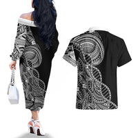 Samoan DNA Art Tattoo Couples Matching Off The Shoulder Long Sleeve Dress and Hawaiian Shirt Polynesian Pattern Black Color