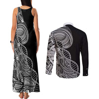 Samoan DNA Art Tattoo Couples Matching Tank Maxi Dress and Long Sleeve Button Shirt Polynesian Pattern Black Color LT03 - Polynesian Pride