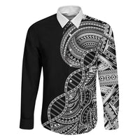 Samoan DNA Art Tattoo Family Matching Off The Shoulder Long Sleeve Dress and Hawaiian Shirt Polynesian Pattern Black Color