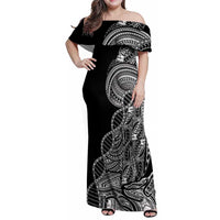 Samoan DNA Art Tattoo Family Matching Off Shoulder Maxi Dress and Hawaiian Shirt Polynesian Pattern Black Color