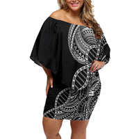 Samoan DNA Art Tattoo Family Matching Off Shoulder Short Dress and Hawaiian Shirt Polynesian Pattern Black Color