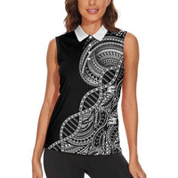 Samoan DNA Art Tattoo Women Sleeveless Polo Shirt Polynesian Pattern Black Color