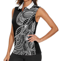 Samoan DNA Art Tattoo Women Sleeveless Polo Shirt Polynesian Pattern Black Color