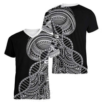 Samoan DNA Art Tattoo Women V-Neck T-Shirt Polynesian Pattern Black Color