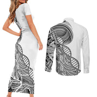 Samoan DNA Art Tattoo Couples Matching Short Sleeve Bodycon Dress and Long Sleeve Button Shirt Polynesian Pattern White Color