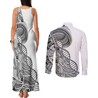 Samoan DNA Art Tattoo Couples Matching Tank Maxi Dress and Long Sleeve Button Shirt Polynesian Pattern White Color