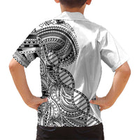 Samoan DNA Art Tattoo Family Matching Off Shoulder Short Dress and Hawaiian Shirt Polynesian Pattern White Color