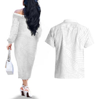 Samoan DNA Art Tattoo Couples Matching Off The Shoulder Long Sleeve Dress and Hawaiian Shirt Polynesian Pattern All White