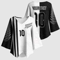 Custom New Zealand Football Kimono Sleeve Blouse Silver Fern and Maori Tribal Black White Half Sporty Style