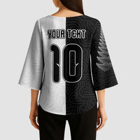 Custom New Zealand Football Kimono Sleeve Blouse Silver Fern and Maori Tribal Black White Half Sporty Style