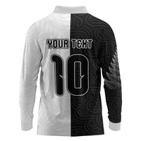 Custom New Zealand Football Long Sleeve Polo Shirt Silver Fern and Maori Tribal Black White Half Sporty Style