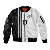 Custom New Zealand Football Sleeve Zip Bomber Jacket Silver Fern and Maori Tribal Black White Half Sporty Style